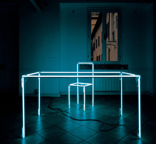 Massimo Ubertis Writing: Neon & Iron Desk Light Installation